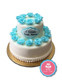 Tort na I Komunię z hostią i niebieskimi kwiatami - Komunijny tort z hostią i kwiatami