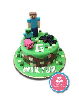 Tort Okrągły Minecraft - Tort ze Steve'em, baby zombie, świnką i pająkiem