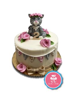 Tort kotek w wianku - Słodki torcik z kotkiem w wianku i różyczkami