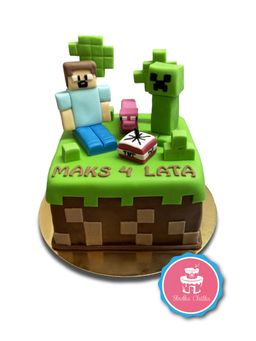 Tort Minecraft z drzewami - Tort z siedzącym Steve'em, świnką Creeper'em i drzewami